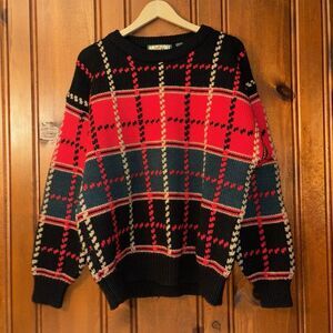 VTG 80s American Eagle Xmas Sweater Mens Large Red Green Black Plaid Chunky Wool
